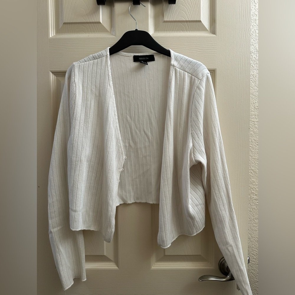 Forever 21 Cream Ribbed Open Cropped Cardigan